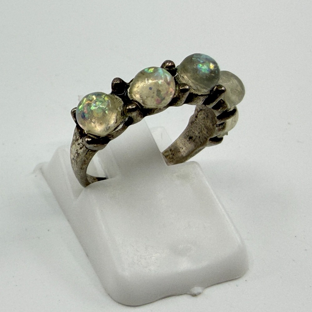 Y2K Silver Tone Opal Stone Iridescent Ring Celestial Boho Statement Gift Unique